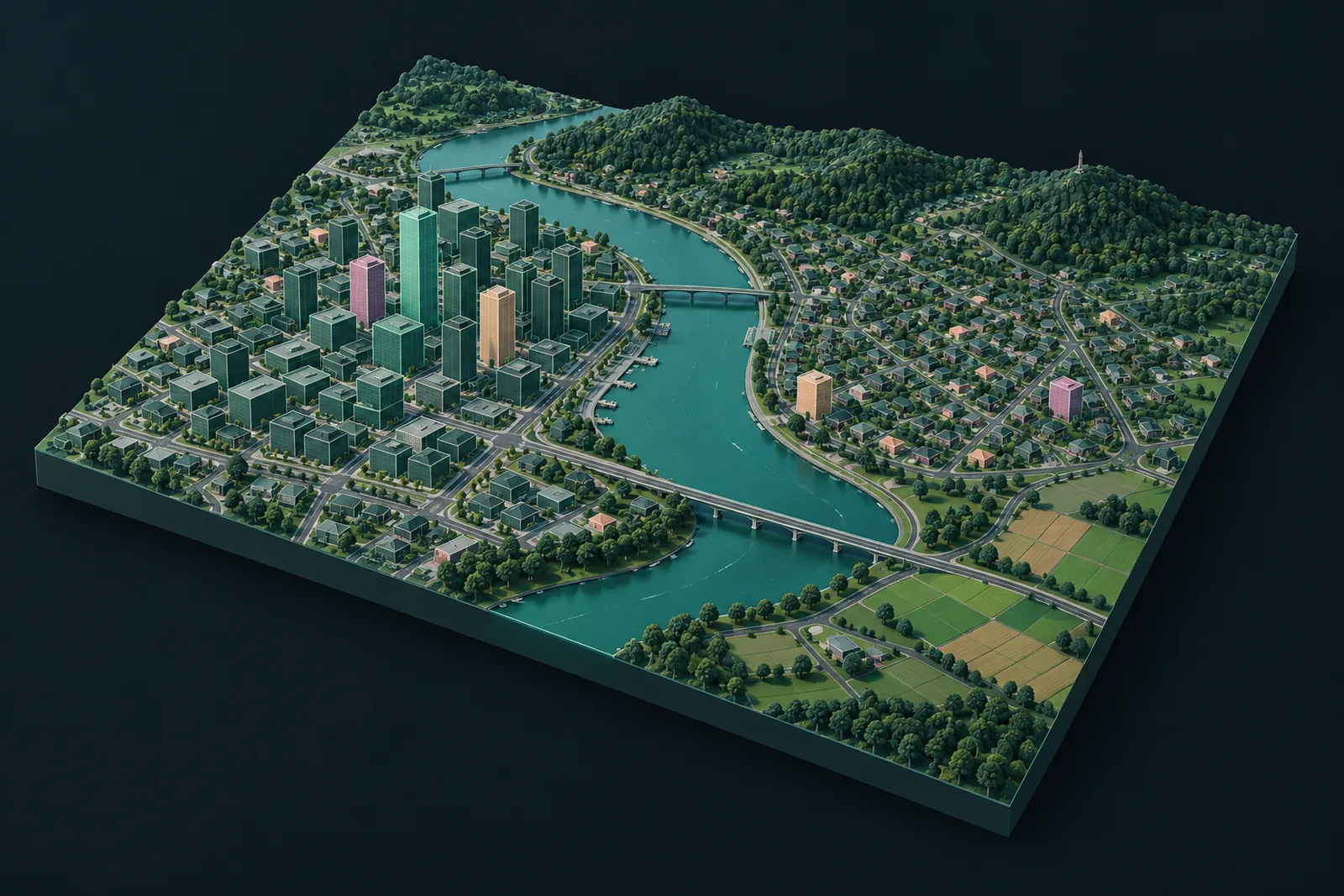 Concept render of a 3D city model beside a river, with a few towers and houses highlighted in pink and peach