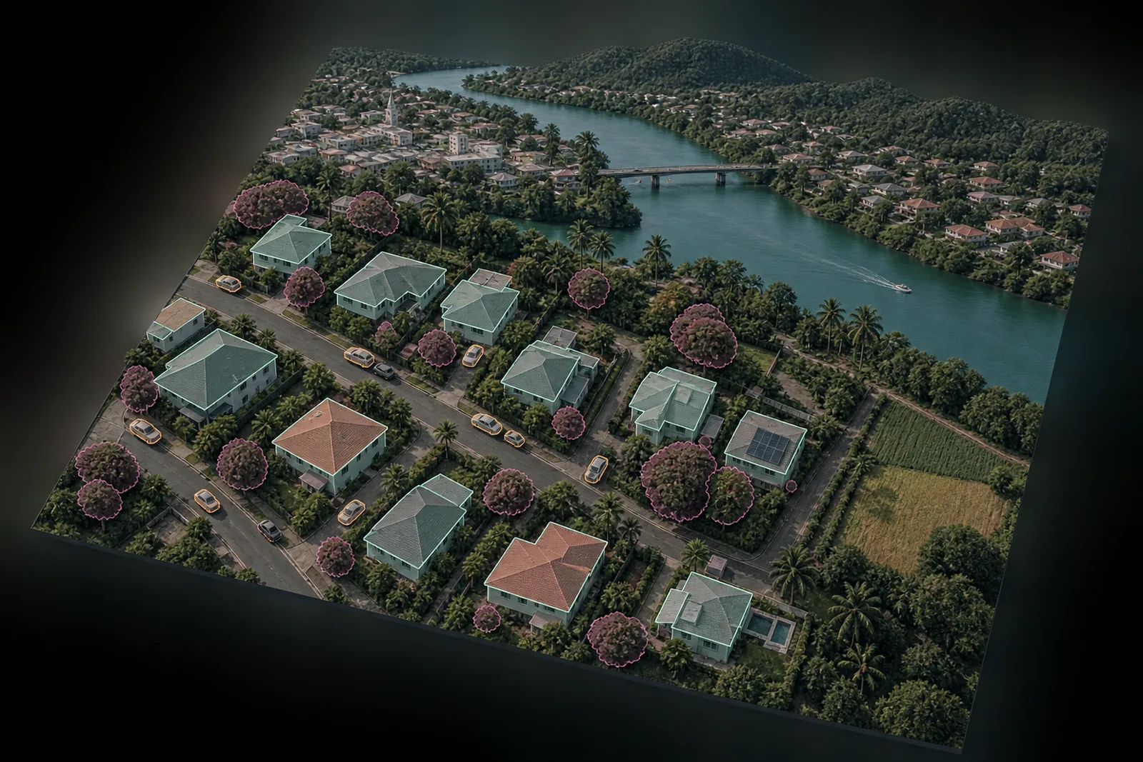 Concept render of a residential street where buildings are outlined in mint, trees in pink and vehicles in peach