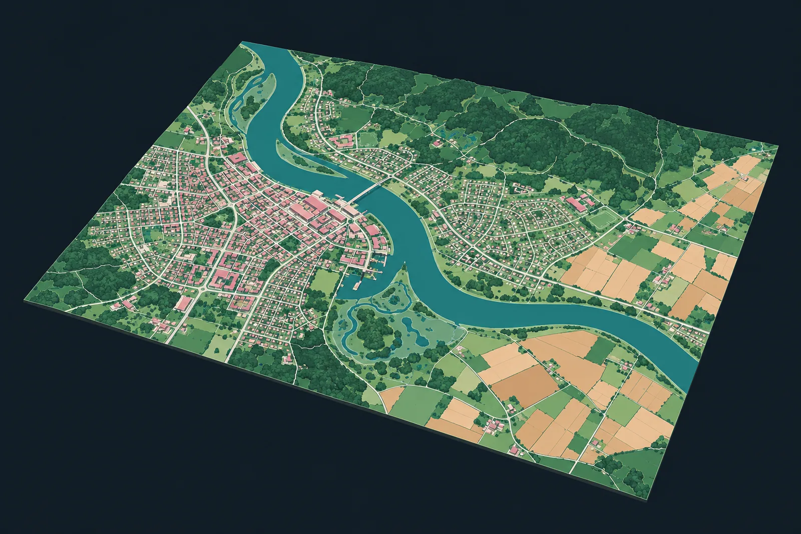 Concept render of a vector land-use map: a river, built-up blocks in pink, forest in green and farmland parcels in peach