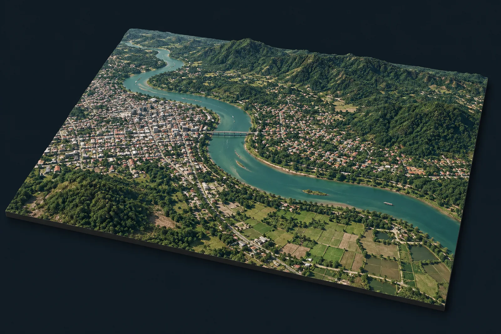 Concept render of a river valley town seen from above, with forested hills, farmland and dense housing along a winding river