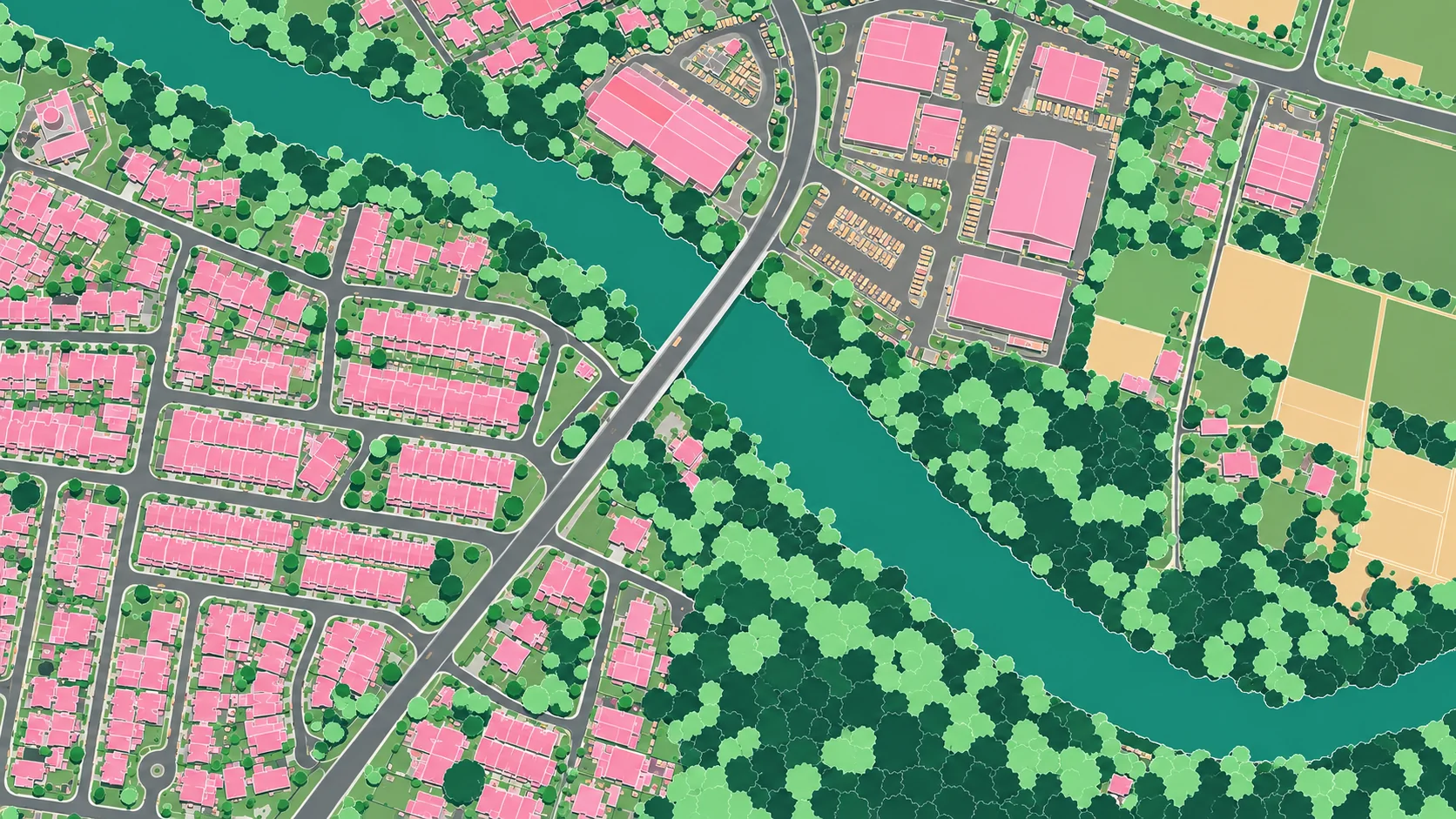 Concept vector map of a riverside town: buildings in pink, tree canopy in greens, the river in teal, farmland in peach and roads in grey