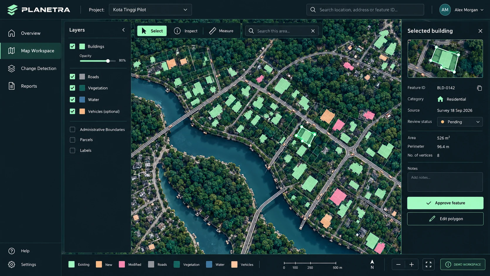 Concept of the PLANETRA platform: Map workspace screen with a layers panel, aerial imagery with building footprints and a selected building with its details