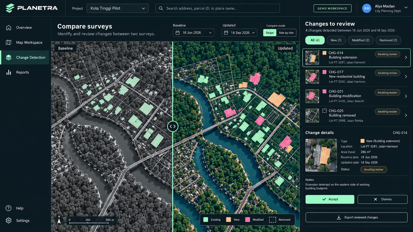 Concept of the PLANETRA platform: Change detection screen comparing a baseline and an updated survey with a swipe divider and a list of changes to review