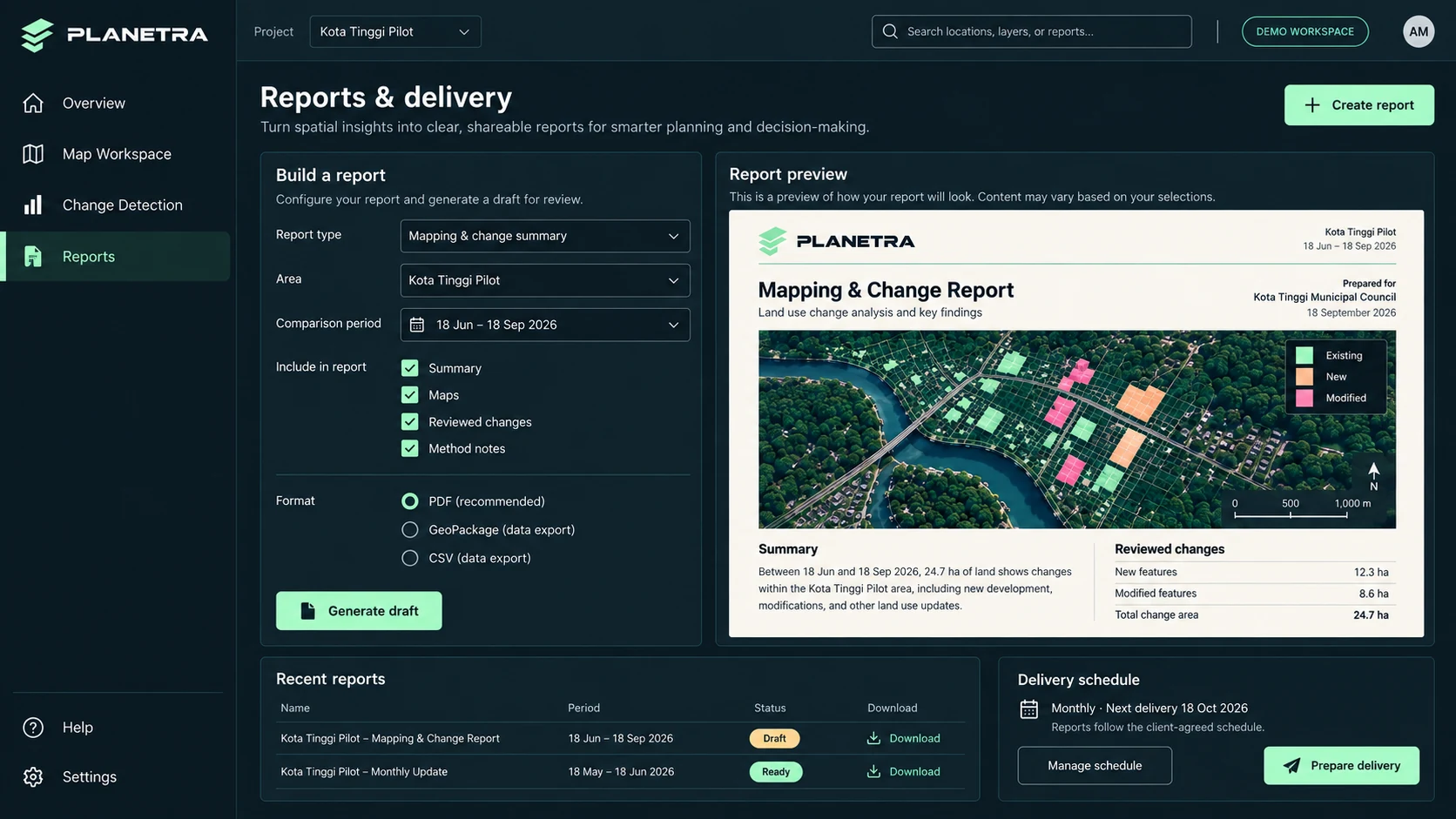 Concept of the PLANETRA platform: Reports and delivery screen with a report builder, a report preview, recent reports and the delivery schedule